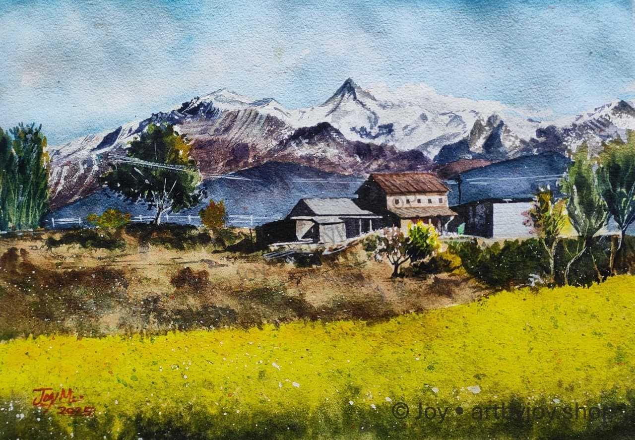 Original Watercolor Painting of Mt Annapurna from a Nepali Village by Joy
