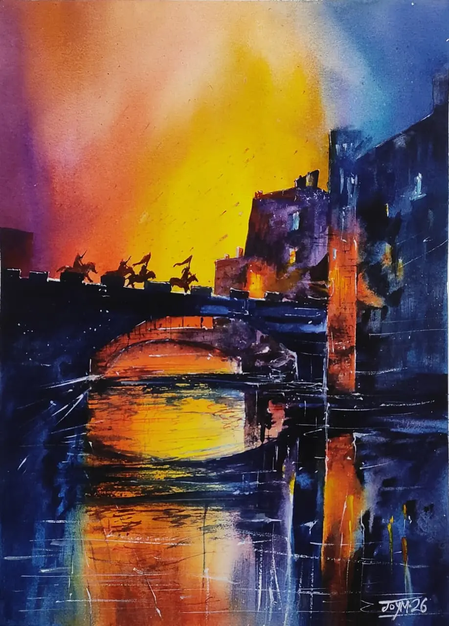 Original Watercolor Painting of Riders Charging Across a Bridge to a Burning Castle — for sale by Joy