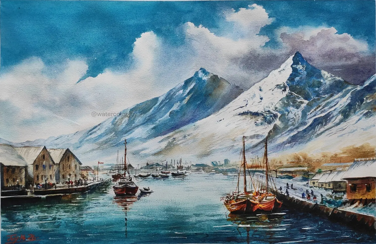 Original Watercolor Painting of a Calm Scandinavian Harbor and Mountains — for sale by Joy