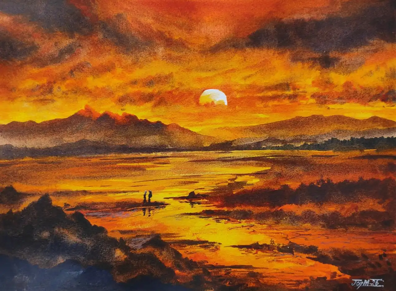 Original Watercolor Painting of Two People on a Distant Shore at Sunset by Joy