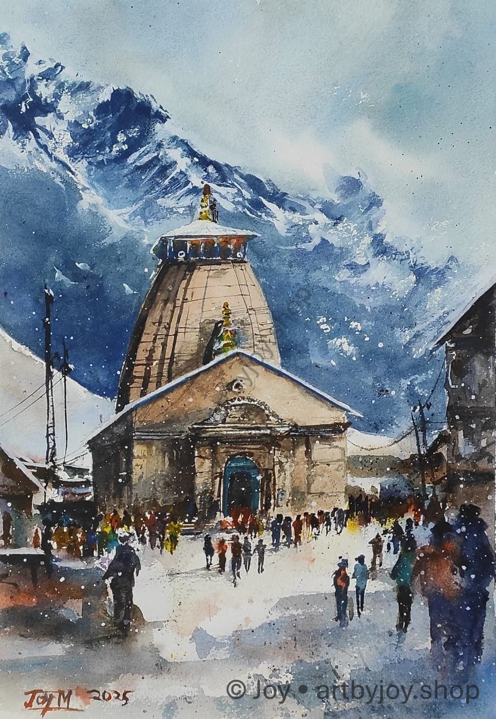Original Watercolor Painting of a Snowy Morning in Kedarnath Mountains by Joy