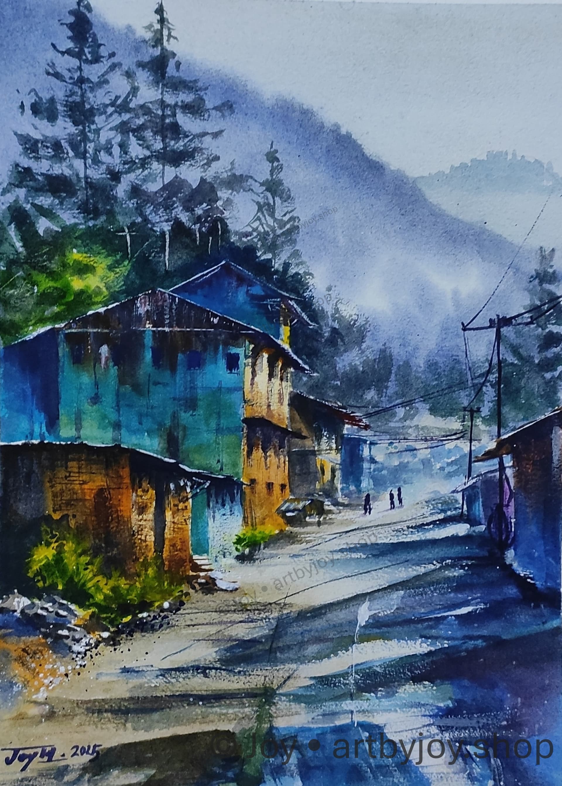 Original Watercolor Painting of a Misty Morning in Kumaon Hills India by Joy