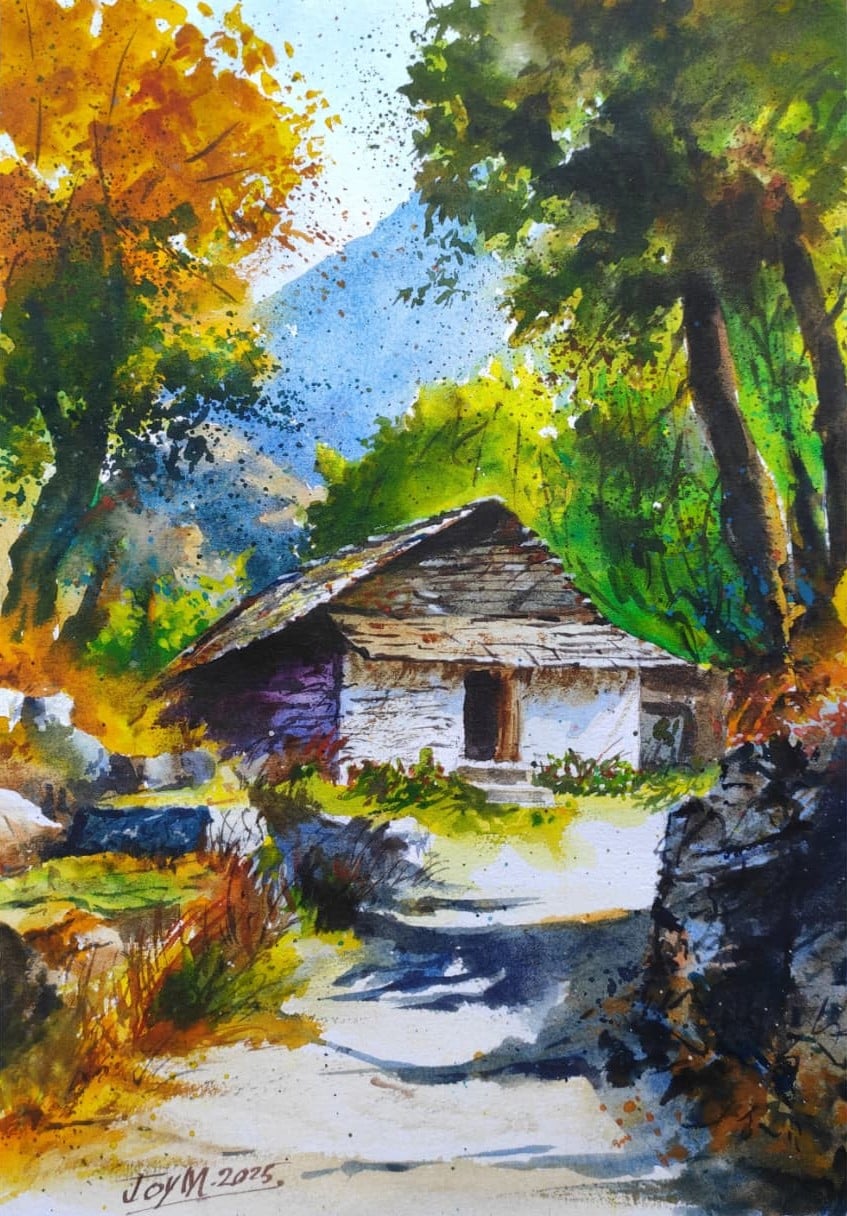 Original Watercolor Painting of a Quiet Hillside Home and Trees by Joy