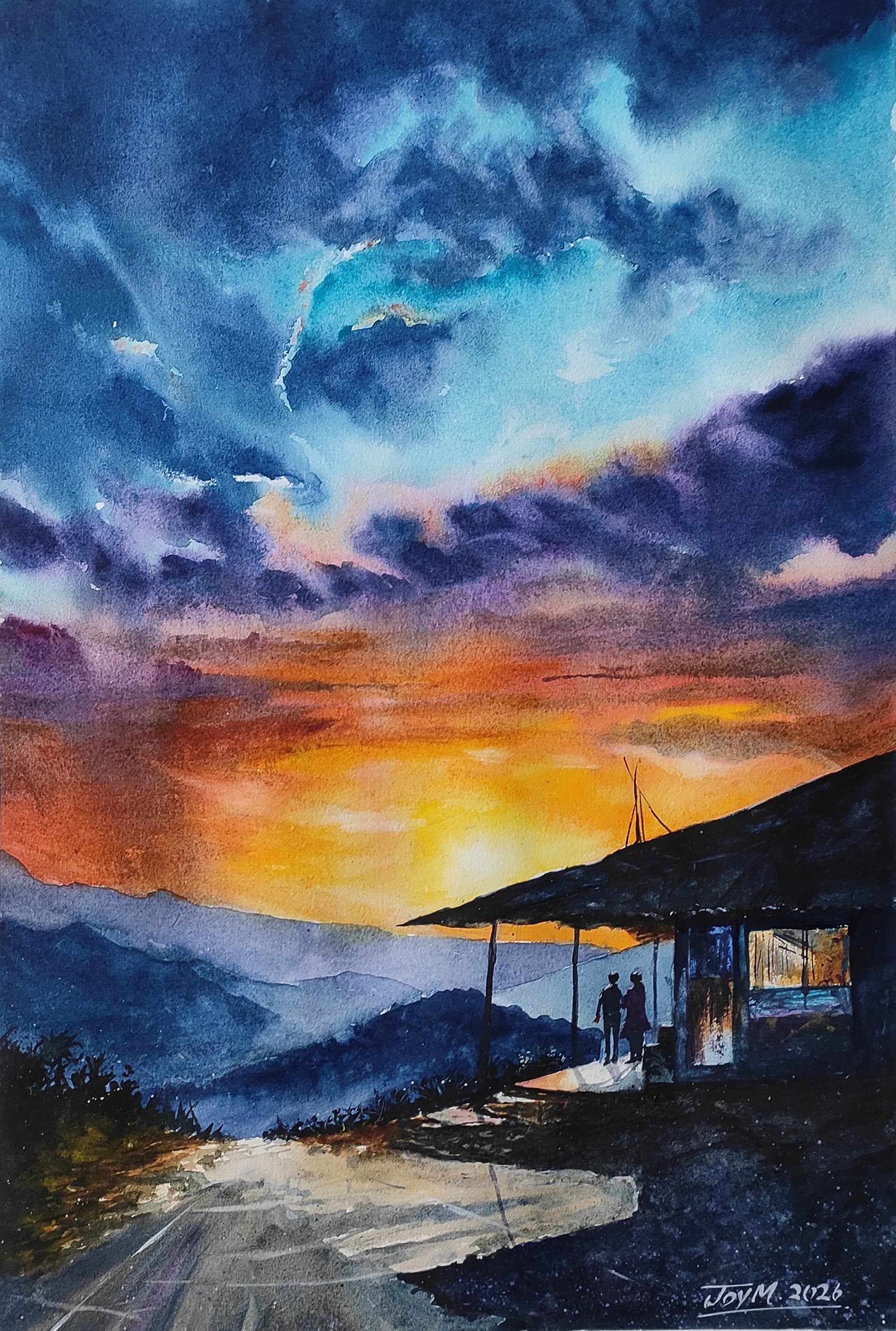 Original Watercolor Painting of Sunset Glow in a Mountain Village by Joy