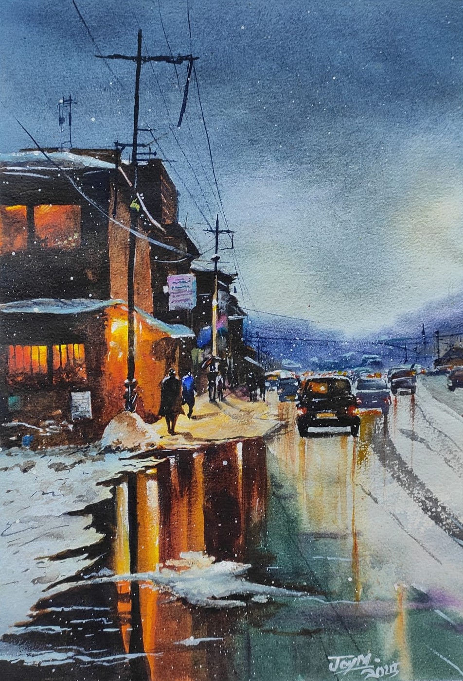 Reflections on Snowy Street at Dusk, original watercolor painting of a snowy hill town street at evening with amber shop lights and wet road reflections, by Joy Mukherjee Kolkata 2025