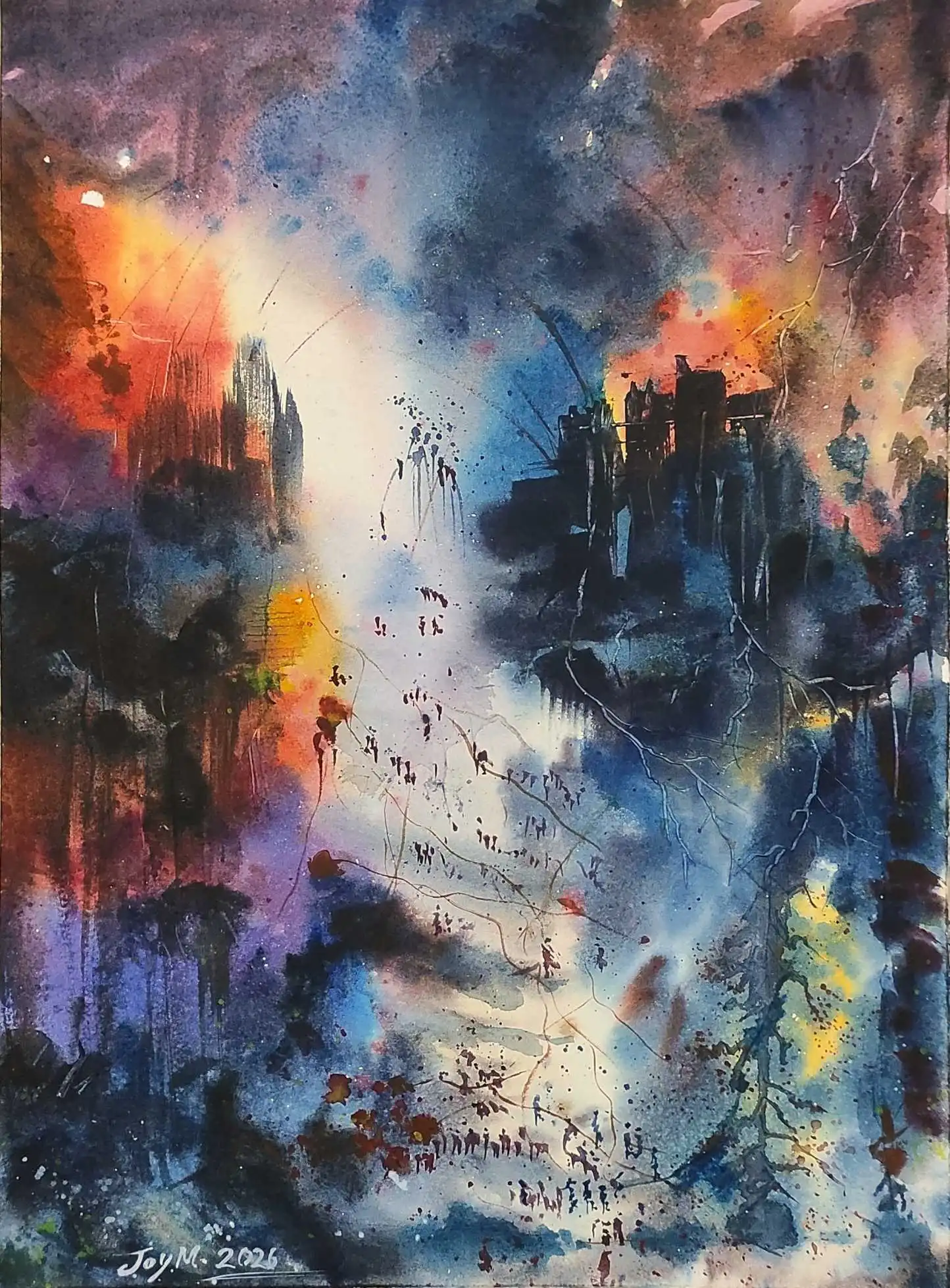 While The Cities Were Burning — original watercolor painting depicting civilian suffering in conflict, abstract expressionist style, by Joy Mukherjee Kolkata 2026